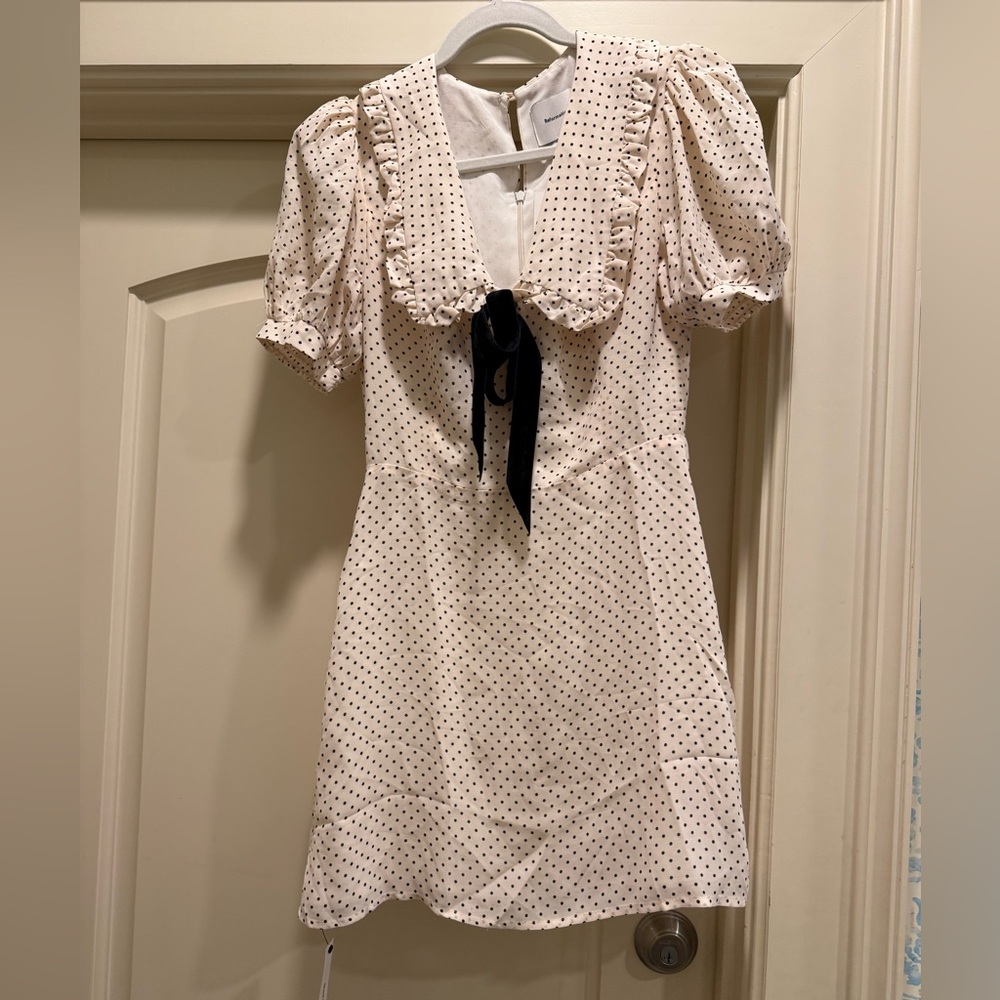 Reformation Cream Polka Dot Mini Dress with Black Tie